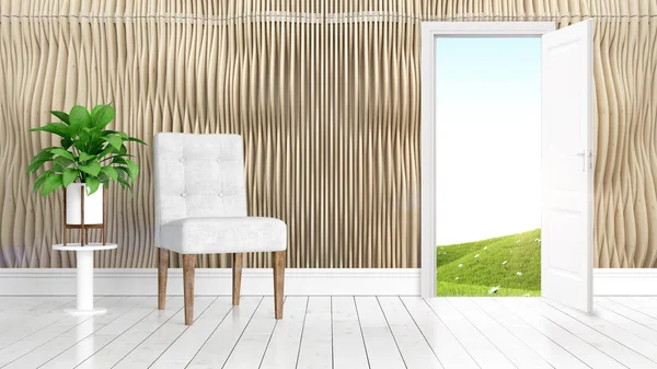 Modern bright interior with open door . 3D rendering — Stock Photo, Image