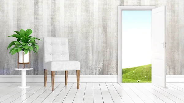 Modernes helles Interieur mit offener Tür. 3D-Darstellung — Stockfoto