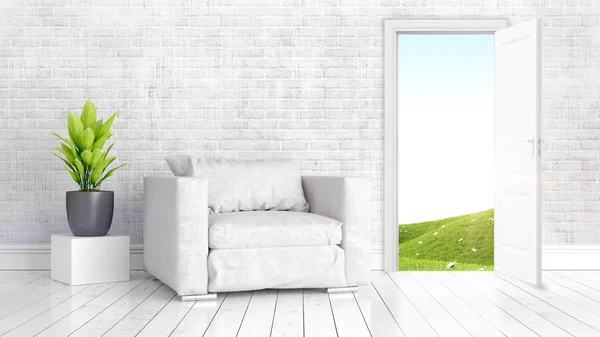 Interior moderno y luminoso con puerta abierta. Renderizado 3D — Foto de Stock