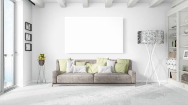 Boş çerçeve ile modern parlak iç. 3D render