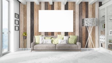 Boş çerçeve ile modern parlak iç. 3D render