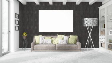 Boş çerçeve ile modern parlak iç. 3D render
