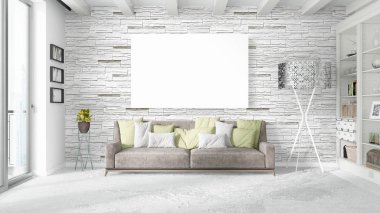 Boş çerçeve ile modern parlak iç. 3D render