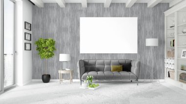 Boş çerçeve ile modern parlak iç. 3D render