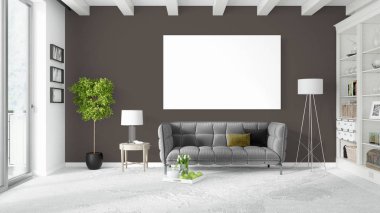 Boş çerçeve ile modern parlak iç. 3D render