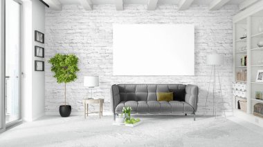 Boş çerçeve ile modern parlak iç. 3D render