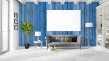 Boş çerçeve ile modern parlak iç. 3D render