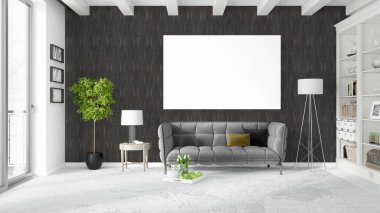 Boş çerçeve ile modern parlak iç. 3D render