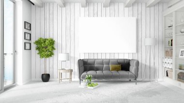 Boş çerçeve ile modern parlak iç. 3D render