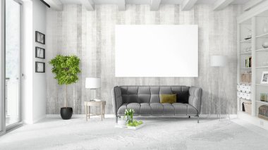 Boş çerçeve ile modern parlak iç. 3D render