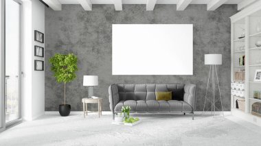 Boş çerçeve ile modern parlak iç. 3D render