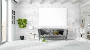 Boş çerçeve ile modern parlak iç. 3D render