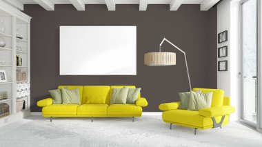 Boş çerçeve ile modern parlak iç. 3D render