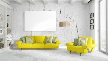 Boş çerçeve ile modern parlak iç. 3D render