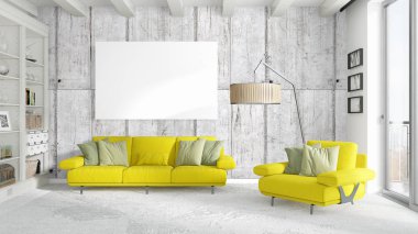 Boş çerçeve ile modern parlak iç. 3D render