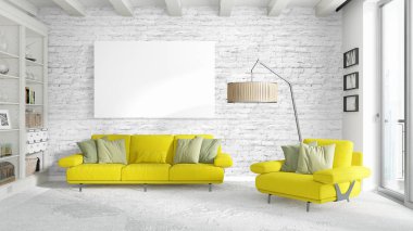 Boş çerçeve ile modern parlak iç. 3D render