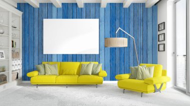 Boş çerçeve ile modern parlak iç. 3D render