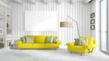 Boş çerçeve ile modern parlak iç. 3D render