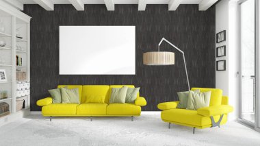 Boş çerçeve ile modern parlak iç. 3D render