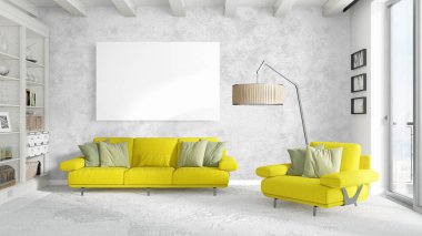 Boş çerçeve ile modern parlak iç. 3D render