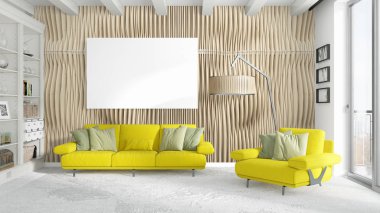 Boş çerçeve ile modern parlak iç. 3D render