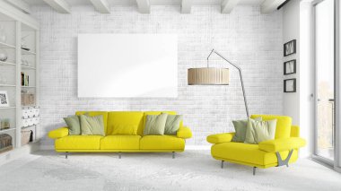 Boş çerçeve ile modern parlak iç. 3D render