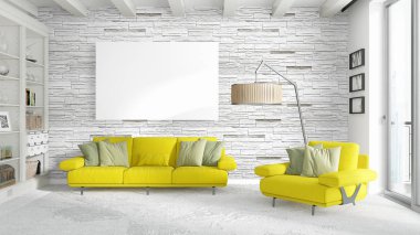 Boş çerçeve ile modern parlak iç. 3D render
