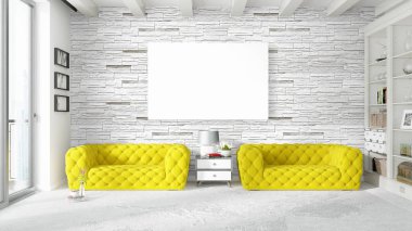 Boş çerçeve ile modern parlak iç. 3D render