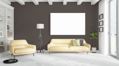 Boş çerçeve ile modern parlak iç. 3D render