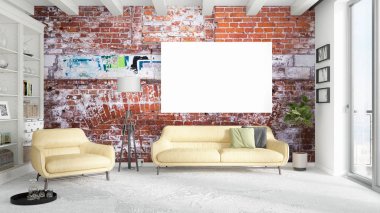 Boş çerçeve ile modern parlak iç. 3D render