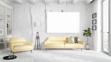 Boş çerçeve ile modern parlak iç. 3D render