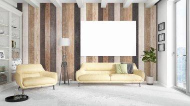 Boş çerçeve ile modern parlak iç. 3D render