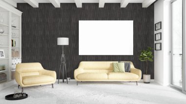 Boş çerçeve ile modern parlak iç. 3D render