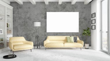 Boş çerçeve ile modern parlak iç. 3D render