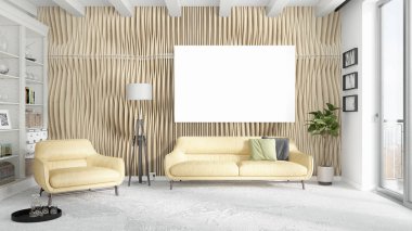 Boş çerçeve ile modern parlak iç. 3D render