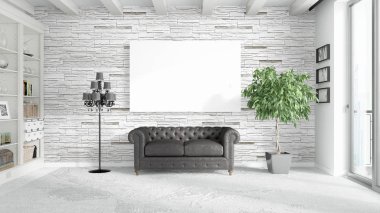 Boş çerçeve ile modern parlak iç. 3D render