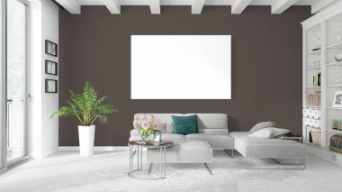 Boş çerçeve ile modern parlak iç. 3D render