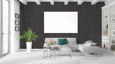 Boş çerçeve ile modern parlak iç. 3D render