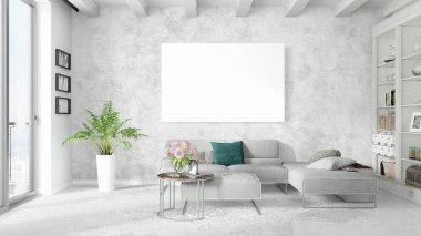 Modern bright interior with empty frame . 3D rendering clipart