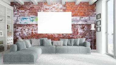 Boş çerçeve ile modern parlak iç. 3D render