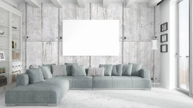 Boş çerçeve ile modern parlak iç. 3D render