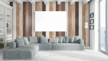 Boş çerçeve ile modern parlak iç. 3D render