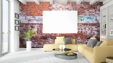 Boş çerçeve ile modern parlak iç. 3D render