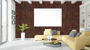 Boş çerçeve ile modern parlak iç. 3D render