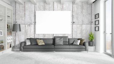 Boş çerçeve ile modern parlak iç. 3D render