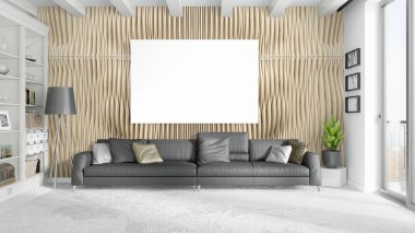 Boş çerçeve ile modern parlak iç. 3D render