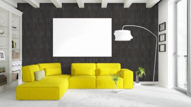 Boş çerçeve ile modern parlak iç. 3D render