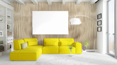 Boş çerçeve ile modern parlak iç. 3D render