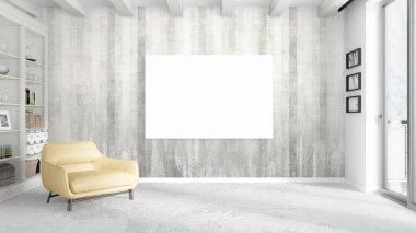 Boş çerçeve ile modern parlak iç. 3D render