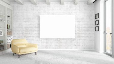 Boş çerçeve ile modern parlak iç. 3D render